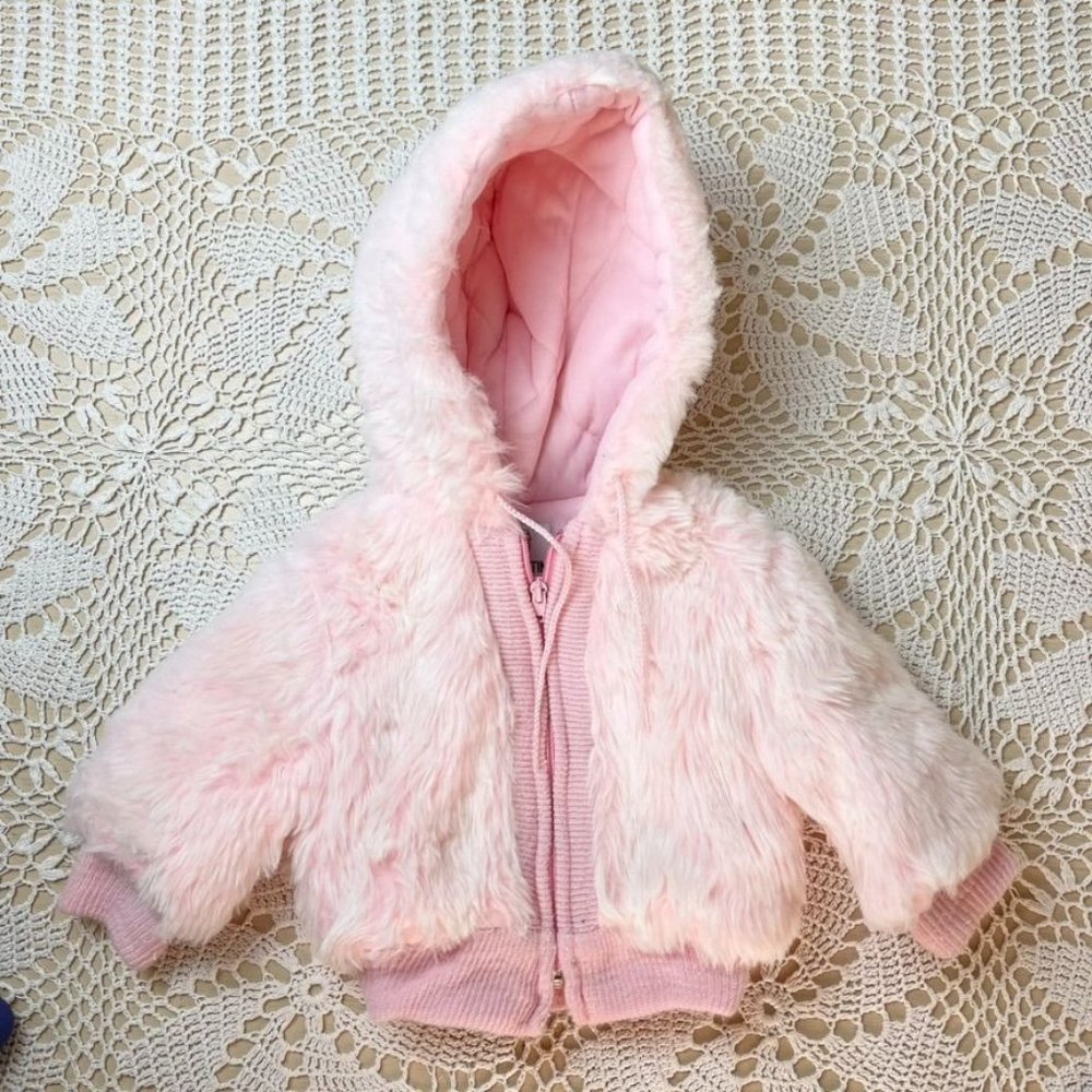 Vintage 1980s Casual Time Girls 2t Pink Faux Fur Hooded Lightweight Jacket